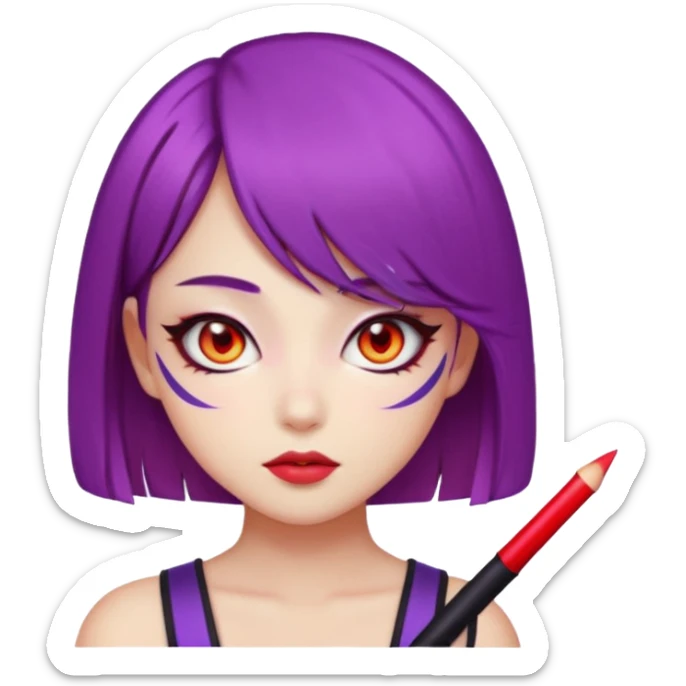 fierce K-pop warrior girl emoji face with sleek violet hair in a sharp bob, glowing red almond-shaped eyes, bold eyeliner, calm but intense expression sticker
