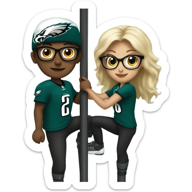 Dark brown hair female with glasses and blonde male with light skin who are both eagles fan climbing up a pole sticker