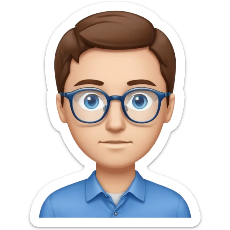 person with brown hair, blue eyes, glasses, wearing a blue shirt and a watch sticker