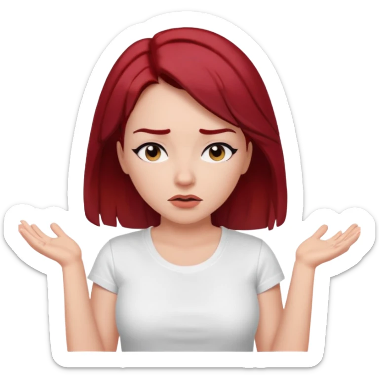 younger woman shrugging, eyes closed, white t-shirt, dark red hair, black eyebrows sticker