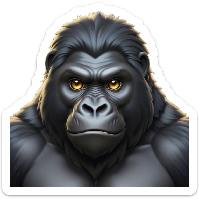 Cinematic Noble mountain Gorilla Portrait Emoji, Poised and majestic, with a powerful, muscular frame accentuated by a distinguished black and grey mane and piercing, wise eyes, Simplified yet sharp and sophisticated features, highly detailed, glowing with a soft, regal jungle glow, high shine, intelligent and commanding, stylized with an air of imperial strength, focused and resolute, soft glowing outline, capturing the essence of a watchful guardian that feels as though it could step out of the screen with effortless authority! sticker