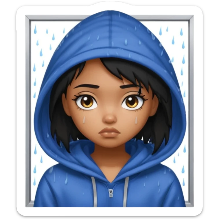 generate a pretty bratz brown skinned girl with messy black hair looking out of the rainy window, looking very sad sticker