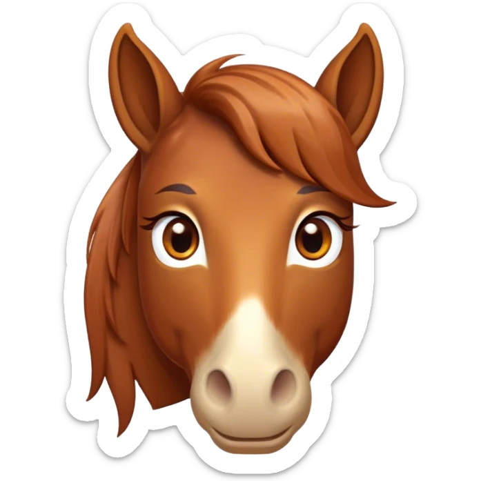 Cinematic Cute Chestnut Horse Portrait Emoji, Head tilted playfully and inquisitively, showcasing a glossy chestnut fur with a vibrant sheen and gentle, expressive amber eyes, Simplified yet irresistibly adorable features, highly detailed, glowing with a warm, friendly glow, high shine, affectionate and spirited, stylized with a touch of whimsy, bright and endearing, soft glowing outline, capturing the essence of a mischievous yet loving horse, so playful it feels like it could prance out of the screen and into your arms! sticker