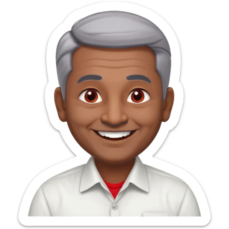 50 yr old indian man, dark skin, grey hair, big smile, white teeth, chubby, no moustache, clean shaven, young style hair, hair brushed back, 5 oclock shadow, bindy on forehead, dress shirt, red dot sticker