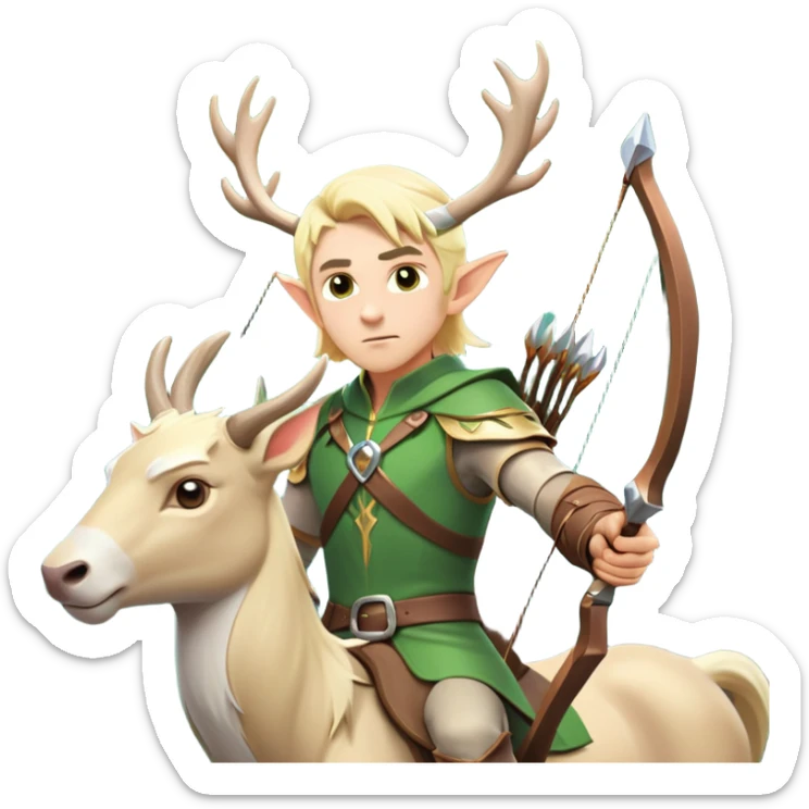clash-of-clans-aesthetic-blond-male elf-archer-portrait-emoji, rendered in a flat, vector-style with minimal shading and bold, simplified shapes, head tilted slightly forward with a determined, focused expression, riding a majestic white stag whose antlers glow with mystical energy, set against an ancient, enchanted forest backdrop. sticker