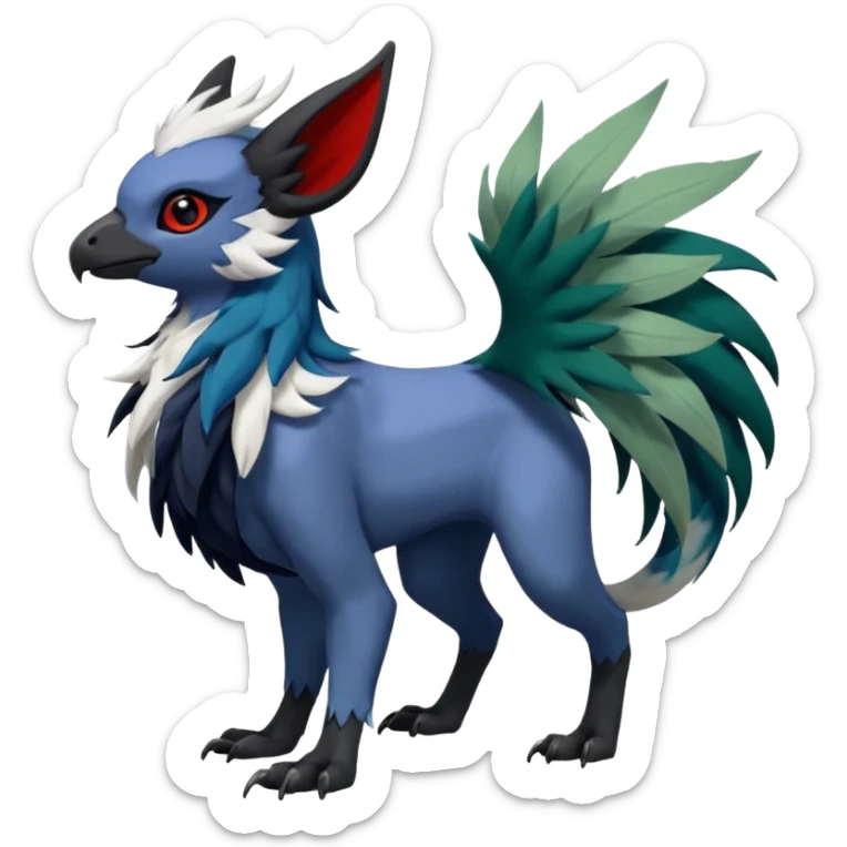 Dark-deep-colored gryphon-Trico-Nargacuga-Absol-Leafeon-Sprigatito-Silvally-fusion-hybrid with a long tufted tail, black beak, black claws, black tail, majestic, realistic, furry (full body) sticker