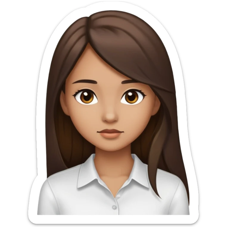 Feminine girl with light brown skin, dark straight long hair and dark eyes, wearing a white shirt, profile picture style sticker