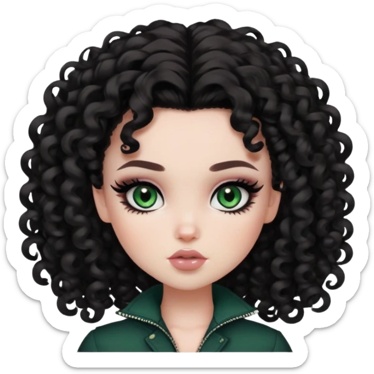 curly dark hair, pale skin, dark green eyes, pretty bratz baddie, black eyeliner, blush sticker