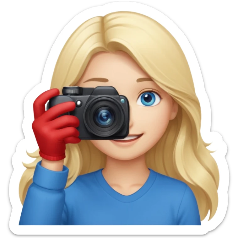  blue eyes blonde girl photographer cartoon taking picture in middle of taking picture camera in front of face long hair smiling funny flash professional, camera in front of face sticker