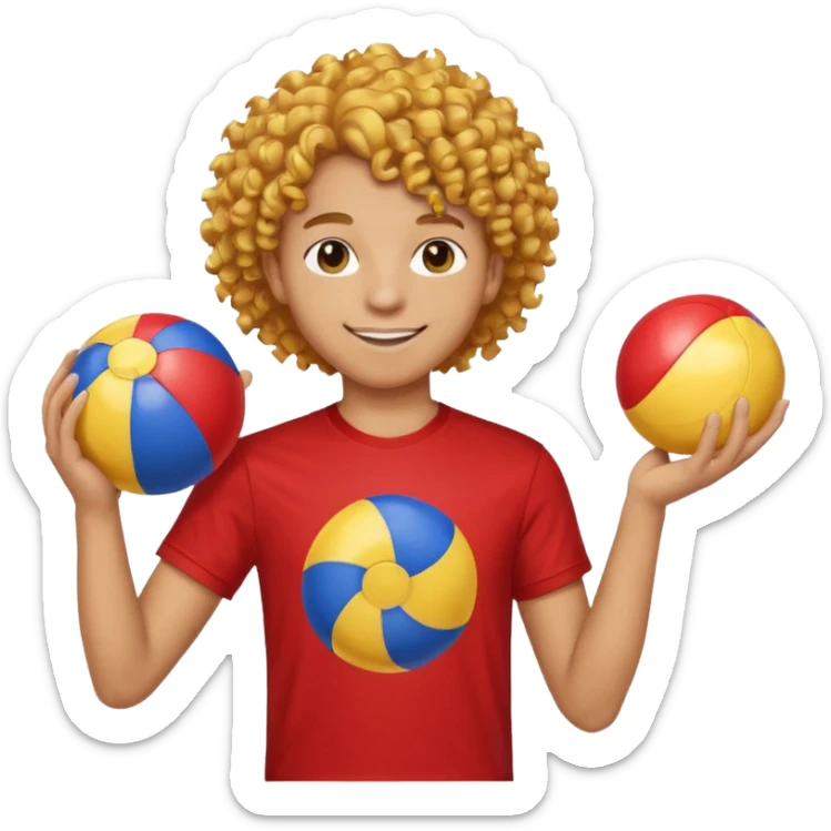 una persona de 18 años marron clarito con el pelo amrillo rizado con una camiseta roja y azul con un logo circular dorado y levantando un balon de playa sticker
