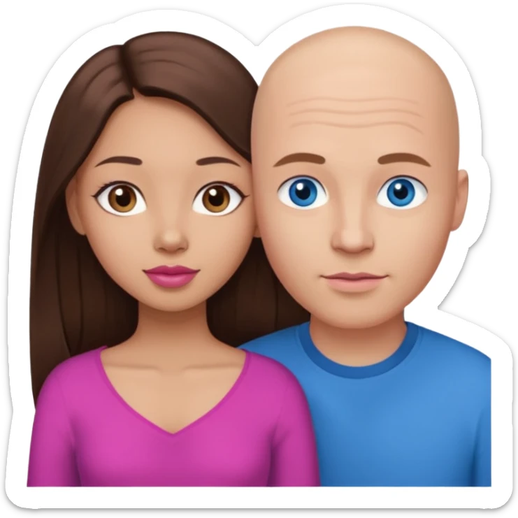 Bald white man blue eyes in love with Filipina woman with long hair dark brown eyes and pink lips sticker