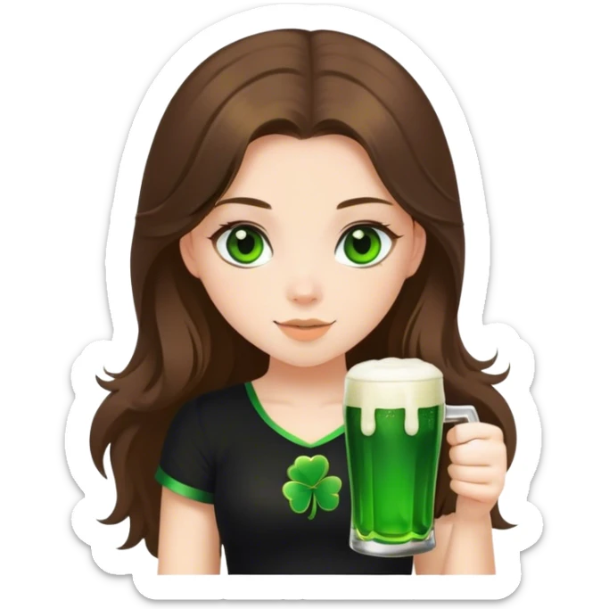 brunette hair down girl black top holding a beer make her st. pattys themed sticker