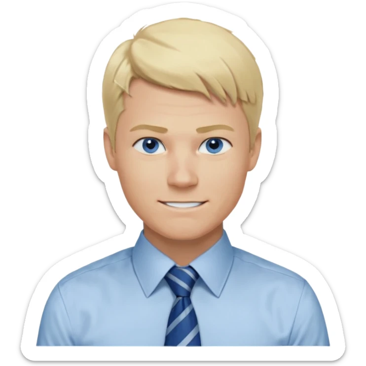 A guy with blonde hair and blue eyes that looks masculine. make him wear a shirt with a tie. he is danish. Make 4 diferent variations. in one he is smilin. in one he is angry sticker