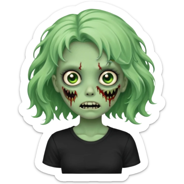 crie um emoji de uma garota zoombie verde assustadora e fofa com cabelo ondulado 2b e camiseta básica preta sticker