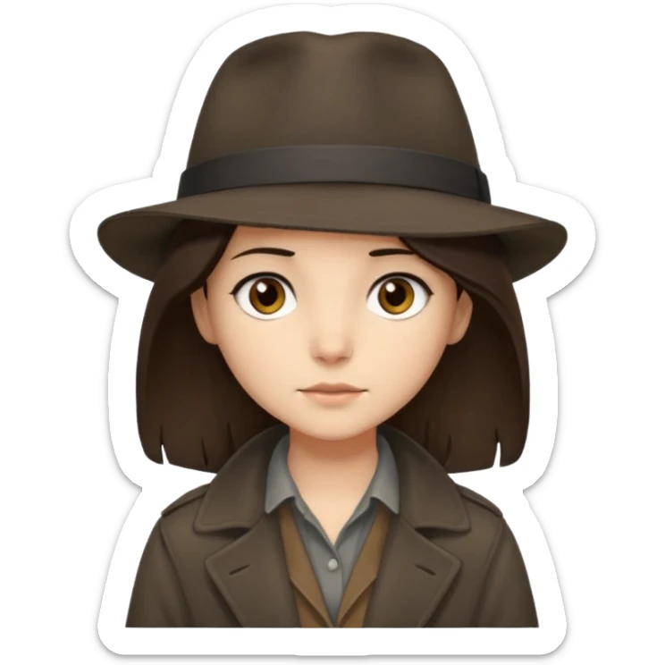 Hobo tomboy with shoulder-length center-parted dark brown hair. brown eyes, dark dull brown coat, grey shirt. sticker