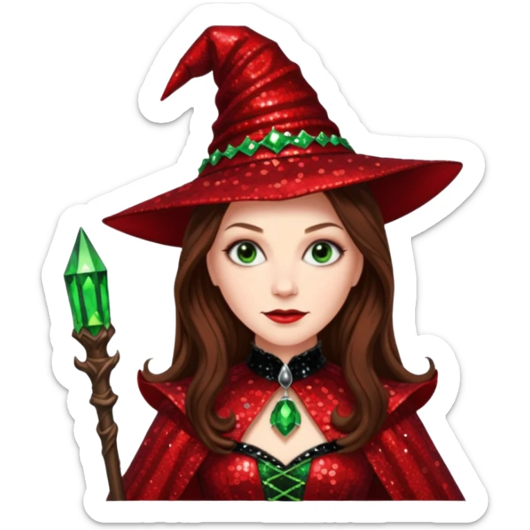 Nessarose, Wicked Witch of the East from The Wizard of Oz with long brown hair, red sequin outfit sticker