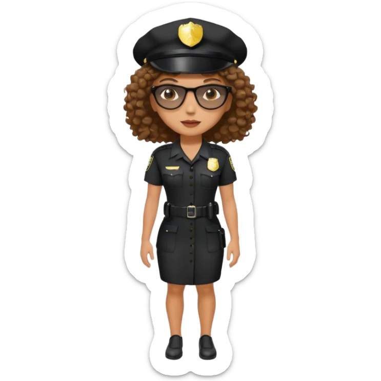 woman police wearing black dress with sun glasses curly hair and hat sticker