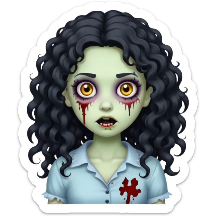 cute cartoon zombie girl with long black curly hair and a white streak, creepy face, makeup details, iPhone emoji style sticker