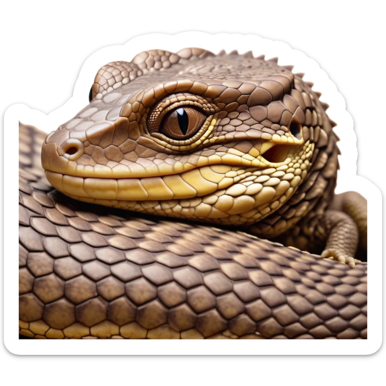 Meme-Worthy cute Sleeping brown camo spotted monitor Lizard Portrait Emoji, Head resting peacefully with a contented smile, showcasing intricately patterned scales and eyes gently closed in serene slumber, Simplified yet comically adorable features, highly detailed, glowing with a soft, drowsy earthy light, high shine, relaxed and utterly lovable, stylized with an air of playful laziness, bright and heartwarming, soft glowing outline, capturing the essence of a sleeping reptilian guardian that feels destined to become the next viral icon of adorable rest! sticker