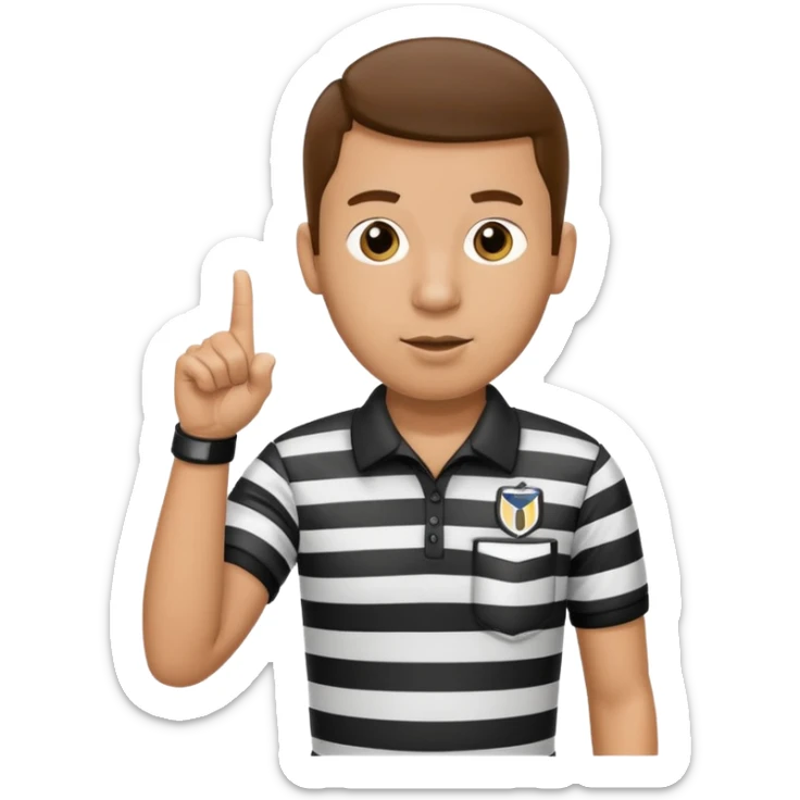 A calm referee with striped shirt, pointing clearly toward the field wearing whistle  sticker