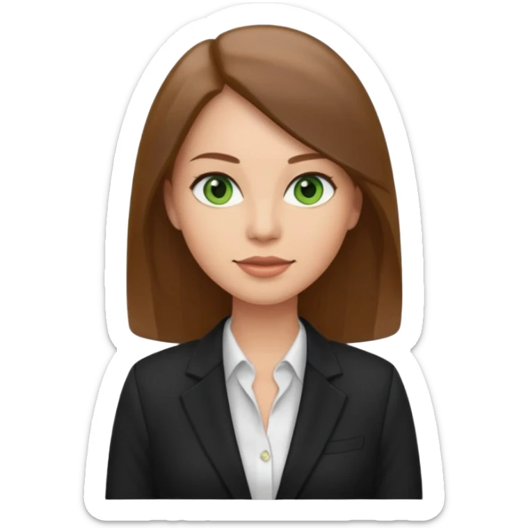 Adult woman avatar, light skin tone, oval face, straight long brown hair, green eyes, neutral mouth, business casual  sticker