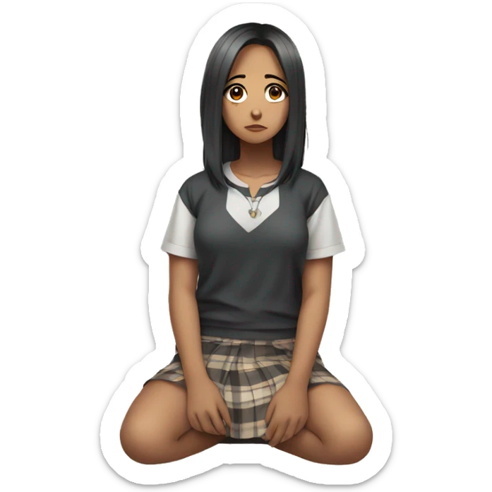 anime girl sad full body, Mini skirt, sits on the floor straight view sticker