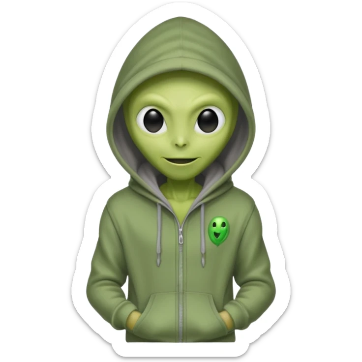 green alien in gray hoodie full height, wear hoodie hat, happy sticker