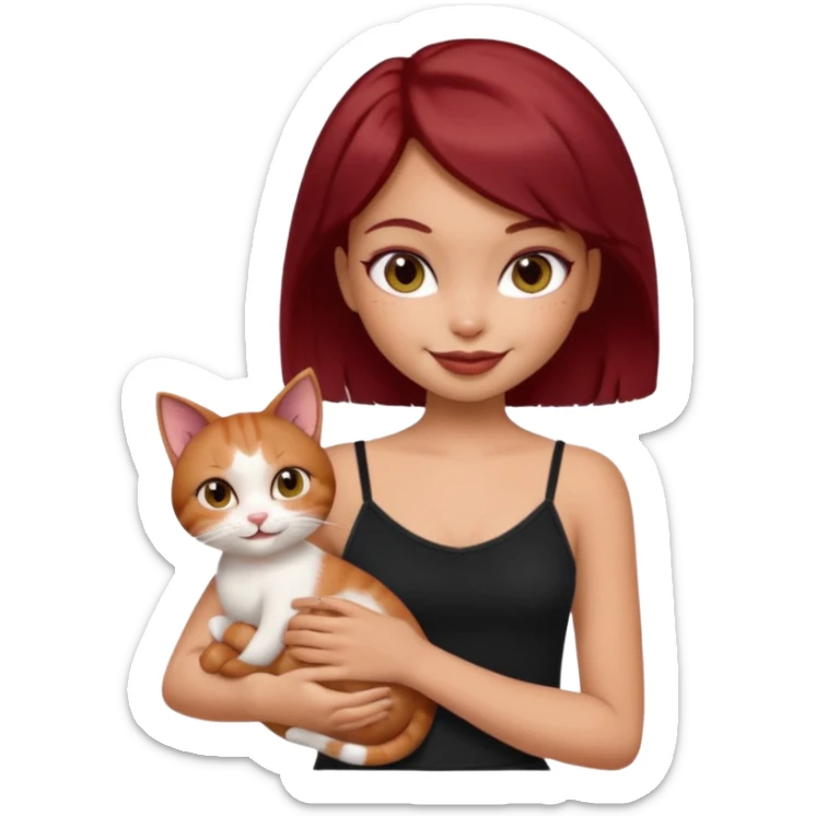 generate a pretty fair bratz girl with short dark red hair holding a cat smiling. Wearing a black cami sticker