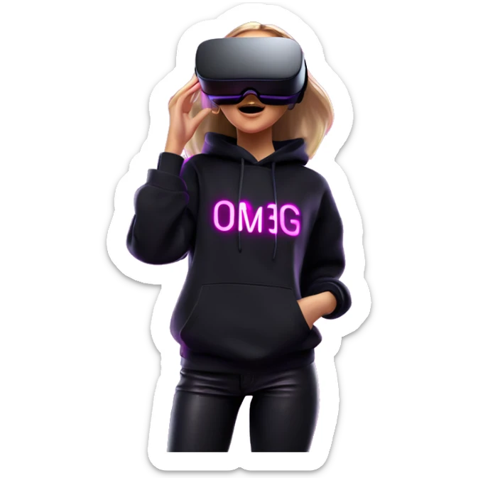 Russian girl wearing black hoody with violet letters "OMG", in vr headset oculus quest2. Dancing. Cyberpunk style. Violet neon. sticker