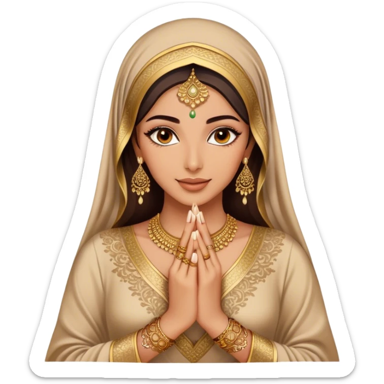 An Arab woman,showcasing her beautifully adorned hands with intricate henna designs  and long, elegant nails. She wears multiple gold rings that complement her shimmering golden Arabic traditional abaya sticker