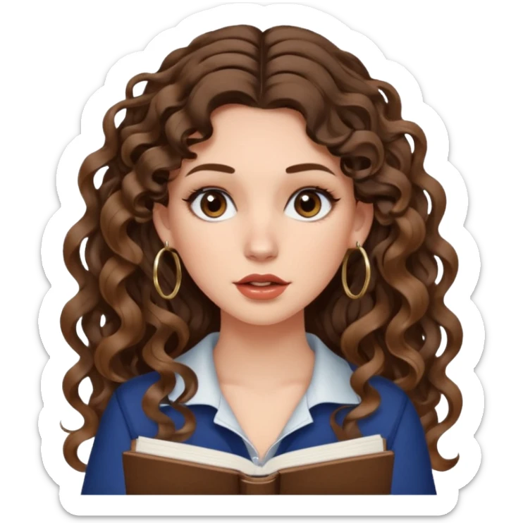 cute girl with not volominous VERY LONG curly/wavy brunette hair with balayage, brown eyes, full lips, natural clean girl makeup and hoop earrings white girl: super desperate studying sticker