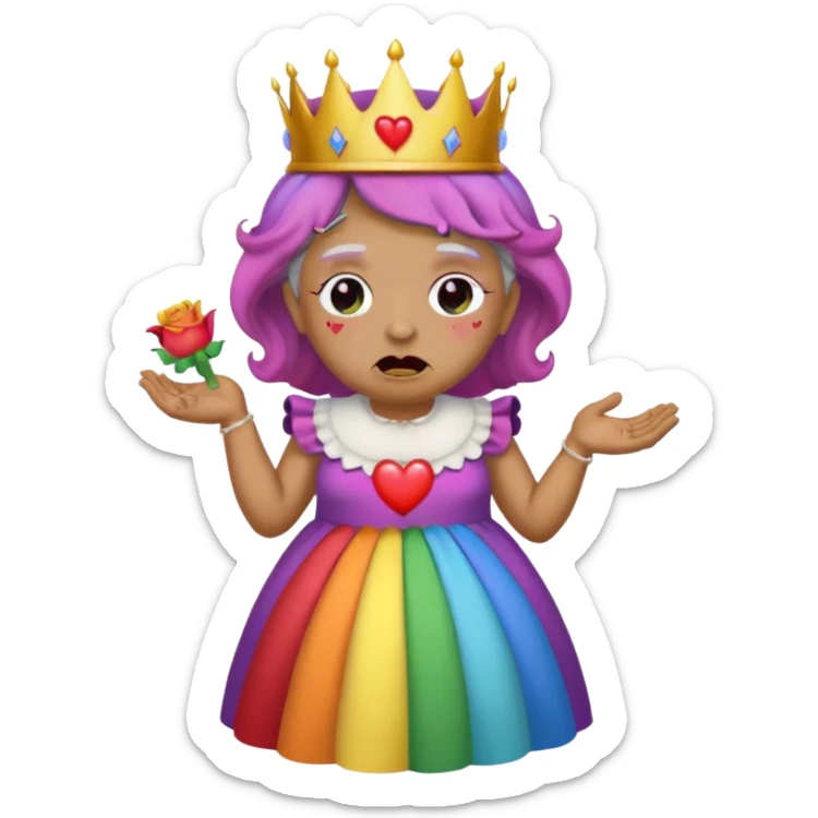 demon rose avec une couronne qui vomi de lar  en ciel  et avec des yeux en forme de coeur avec une robe de mamie sticker