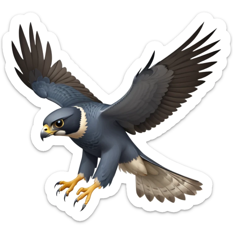 cinematic-peragrin falcon-realistic-full-body-diving-emoji,-sleek-aerodynamic-frame-plummeting-through-the-air-with-lightning-speed,-razor-sharp-talons-poised-for-the-strike,-feathered-wings-angled-for-maximum-precision,-keen-dark-eyes-locked-onto-its prey sticker