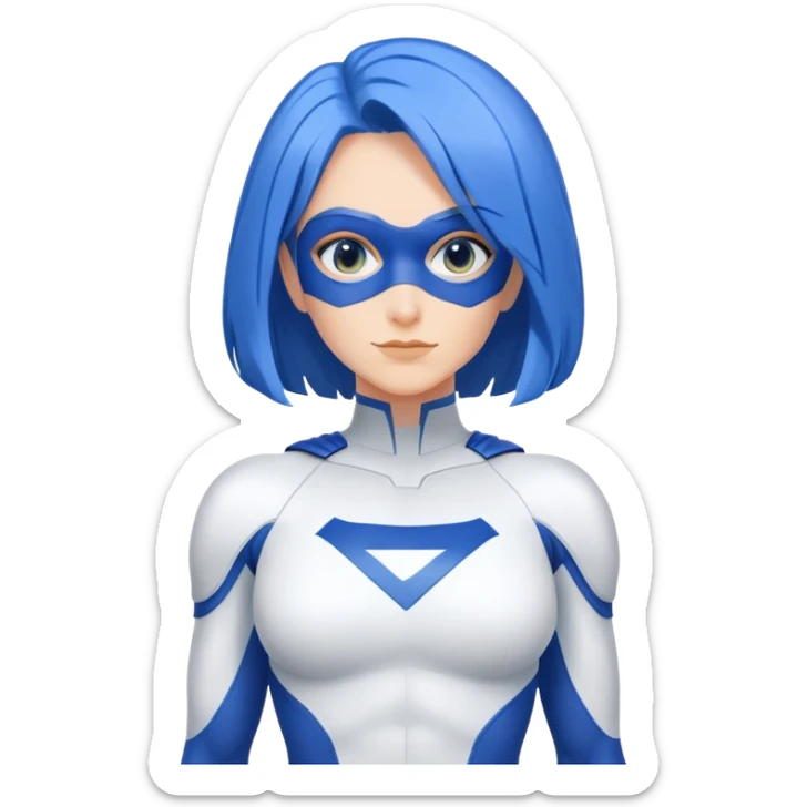 24x24 emoji close-up of a friendly woman with blue hair in a minimalist, saturated blue and white superhero suit. Large blank chest area for logo. Clean face with only eyes, nose, and mouth.  sticker