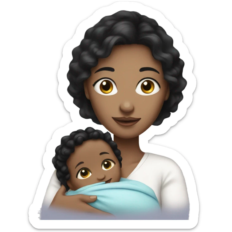 mom holding newborn baby girl with blue eyes white skin black hair and white skin newborn sticker
