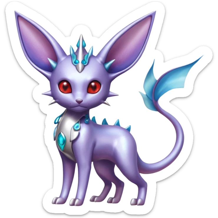 Mechanical Silvery Iridescent Miraidon-Espeon-Mewtwo-Vaporeon-Fakémon-hybrid-creature (full body)  with red eyes and intricate markings sticker