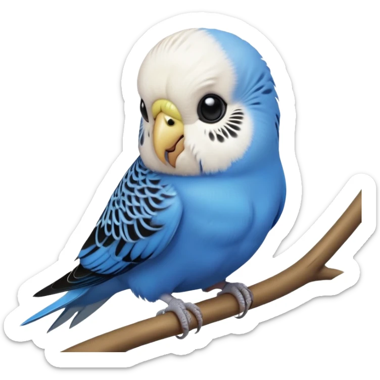 cinematic-cute-blue-budgie-portrait-emoji,-head-tilted-playfully-and-inquisitively,-featuring-a-brilliant-blue-feathered-fur-and white and black feathered face-with-a-natural-sheen,-round,-sparkling-dark-eyes-filled-with-curiosity,-simplified-yet-irresistibly-adorable sticker