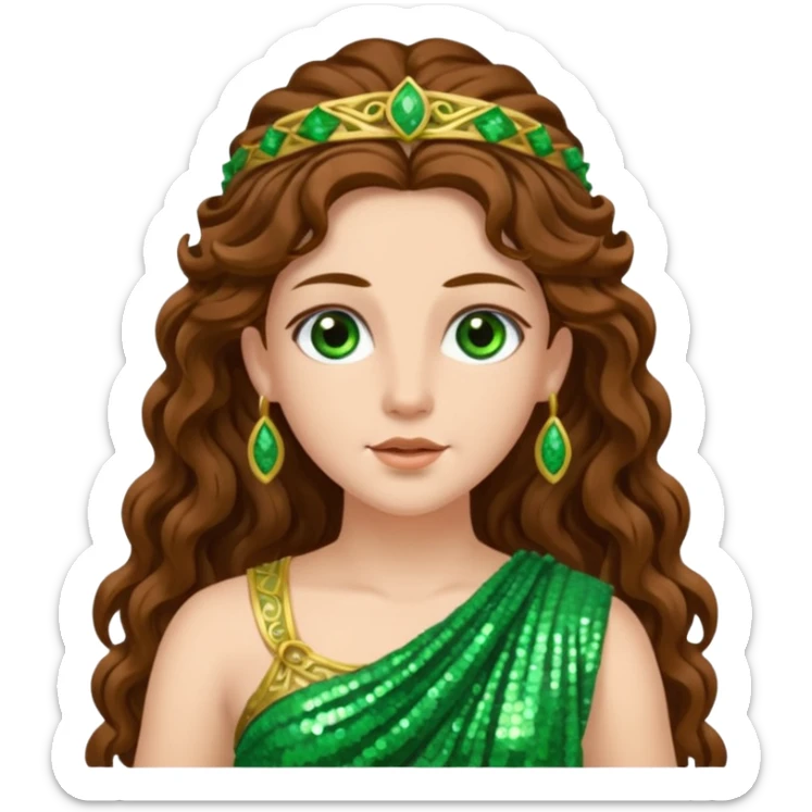 Terra, Goddess of Earth from Roman Deities with long brown wavy hair, green sequin toga  sticker