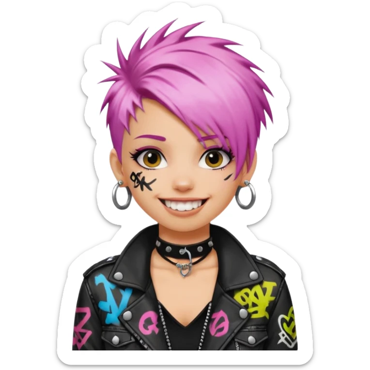 a punk girl with neck-length dyed hair and wear a punk graffiti jacket with black choker grin playfully  sticker