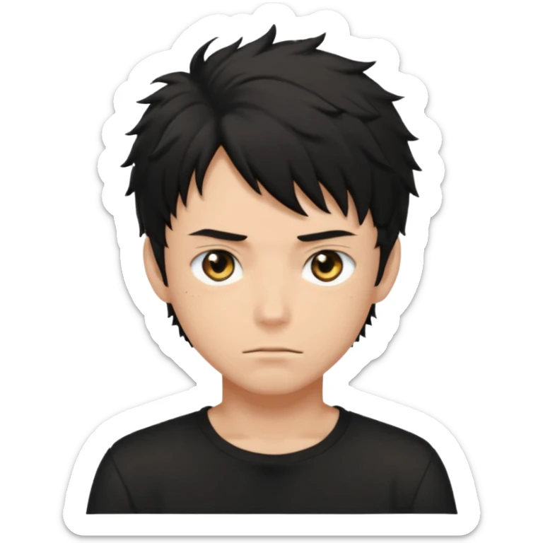 White male, black messy anime hair in his eyes, black shirt, black hunter eyes, hot  sticker