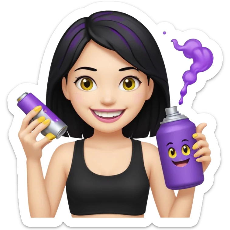 fair-skinned girl with beautiful black hair, wearing black crop top, big smile with yellow teeth, holding purple and silver spray can, genmoji emoji style, reference attached can sticker