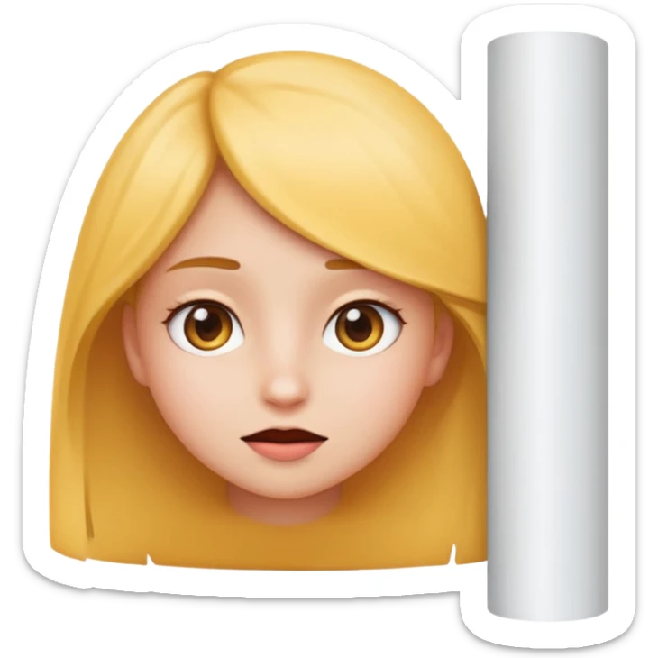 close up of a girl holding a white poster in front, with the girl peeking from the side of the poster, emoji style sticker