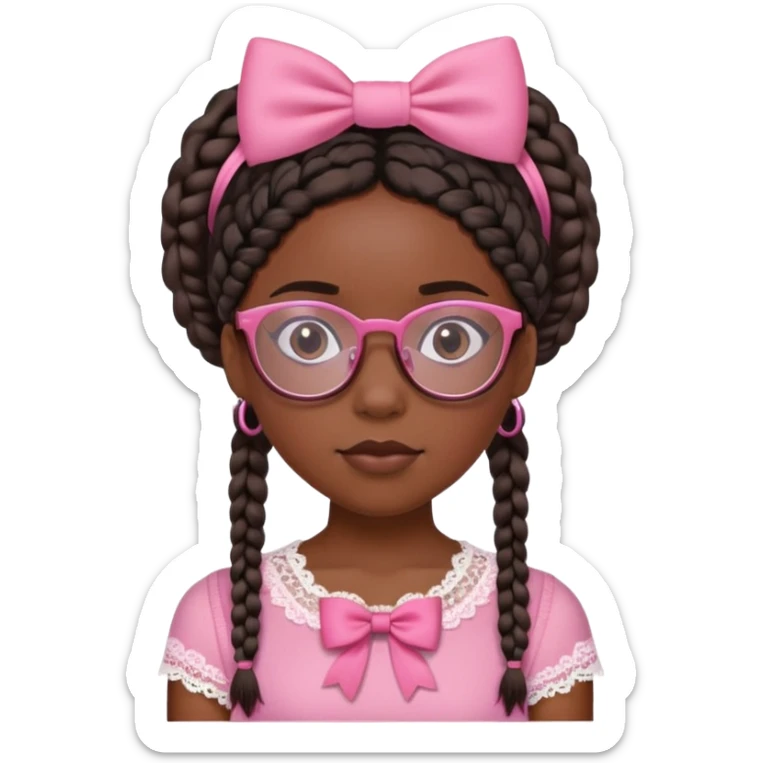 A black girl with short braids wearing a pink top with lace, with a pink bow in her hair and with glasses sticker