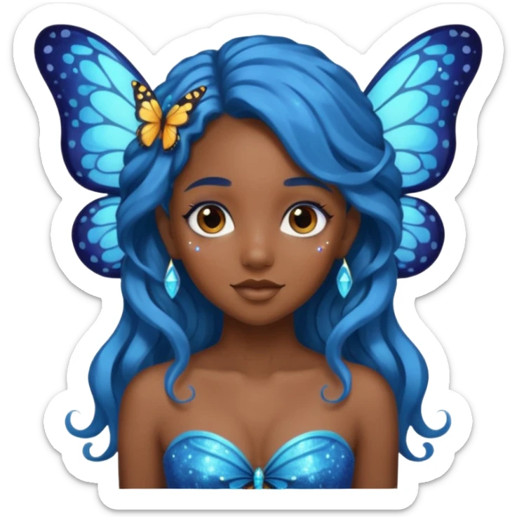 Black girl fairy with long wavy blue hair butterfly wings sparkly sticker