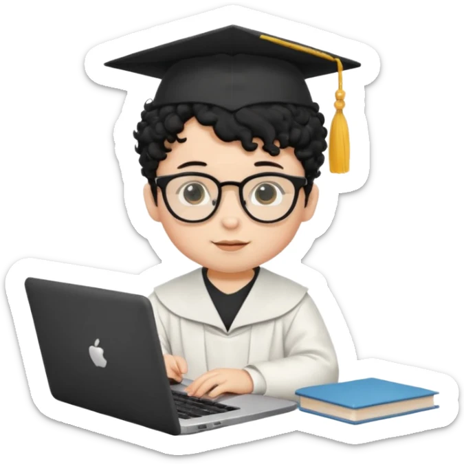 A baby boy DEVELOPER WITH A laptop, black curly hair and topknot, wearing glasses and a mortarboard sticker