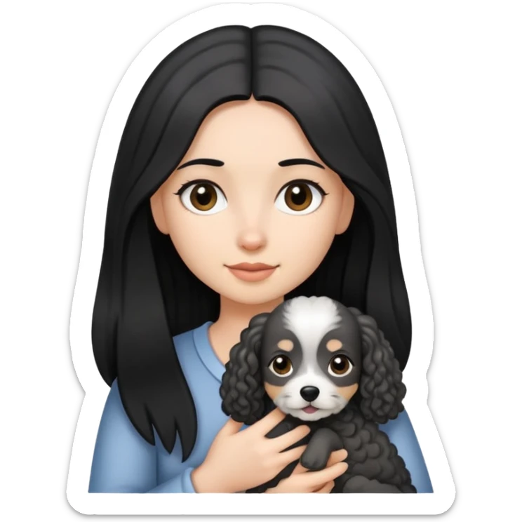 A girl with long straight hair holding a small gray curly dog sticker