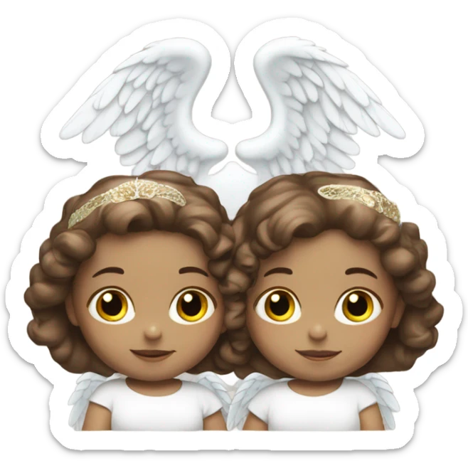 2 twin baby girls with brown hair with a halo and angel wings. make their skin white sticker