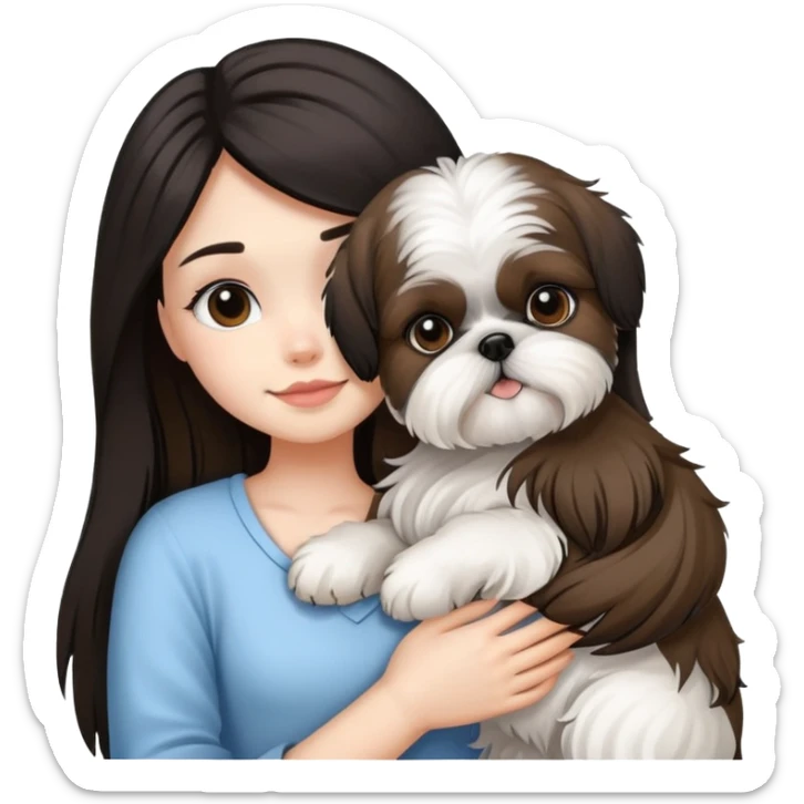 A girl with black highlighted long hair hugging a Shih Tzu dog sticker