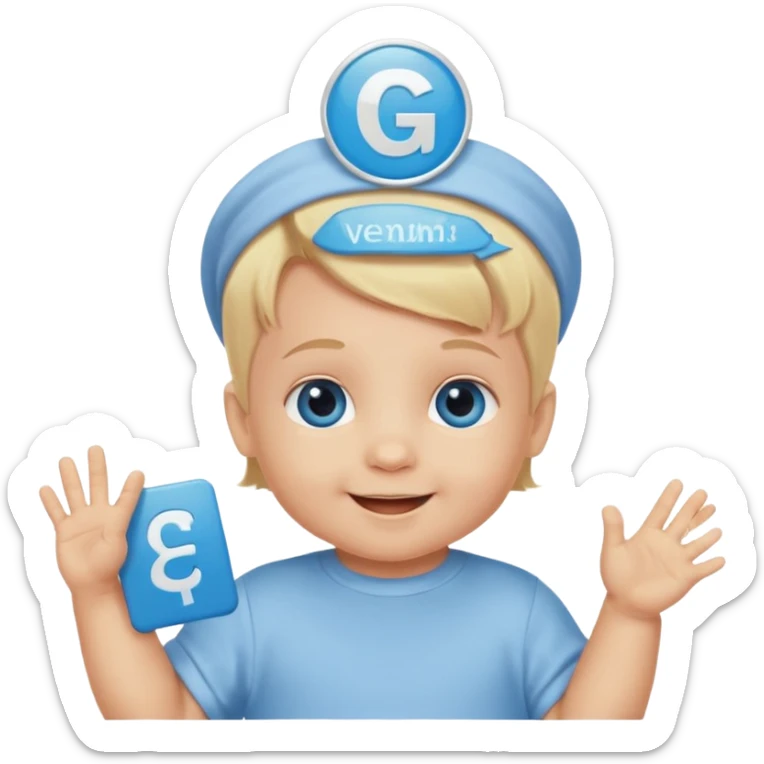 A baby Caucasian blond hair blue eyed infant with a genius sign over it’s head sticker