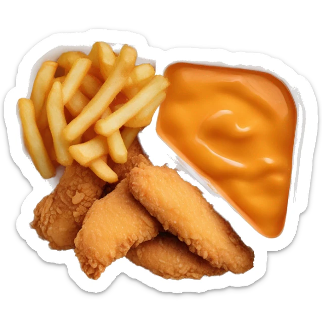 3 chicken tenders with crinkle fries and orange sauce on the side in a styrofoam container styrofoam container sticker